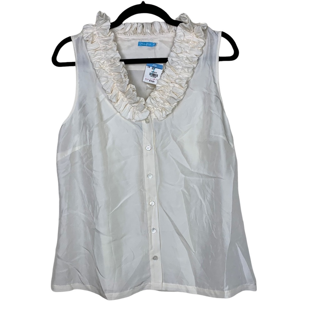 J. McLaughlin Sabina Cream Silk Ruffled Neck Sleeveless Button Front Blouse 10
